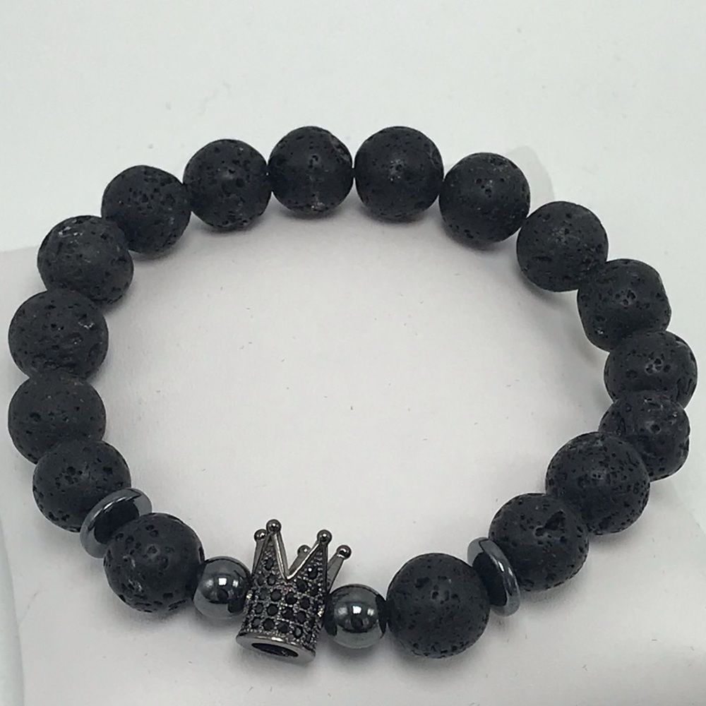 Men’s lava beaded bracelet with rhinestone crown